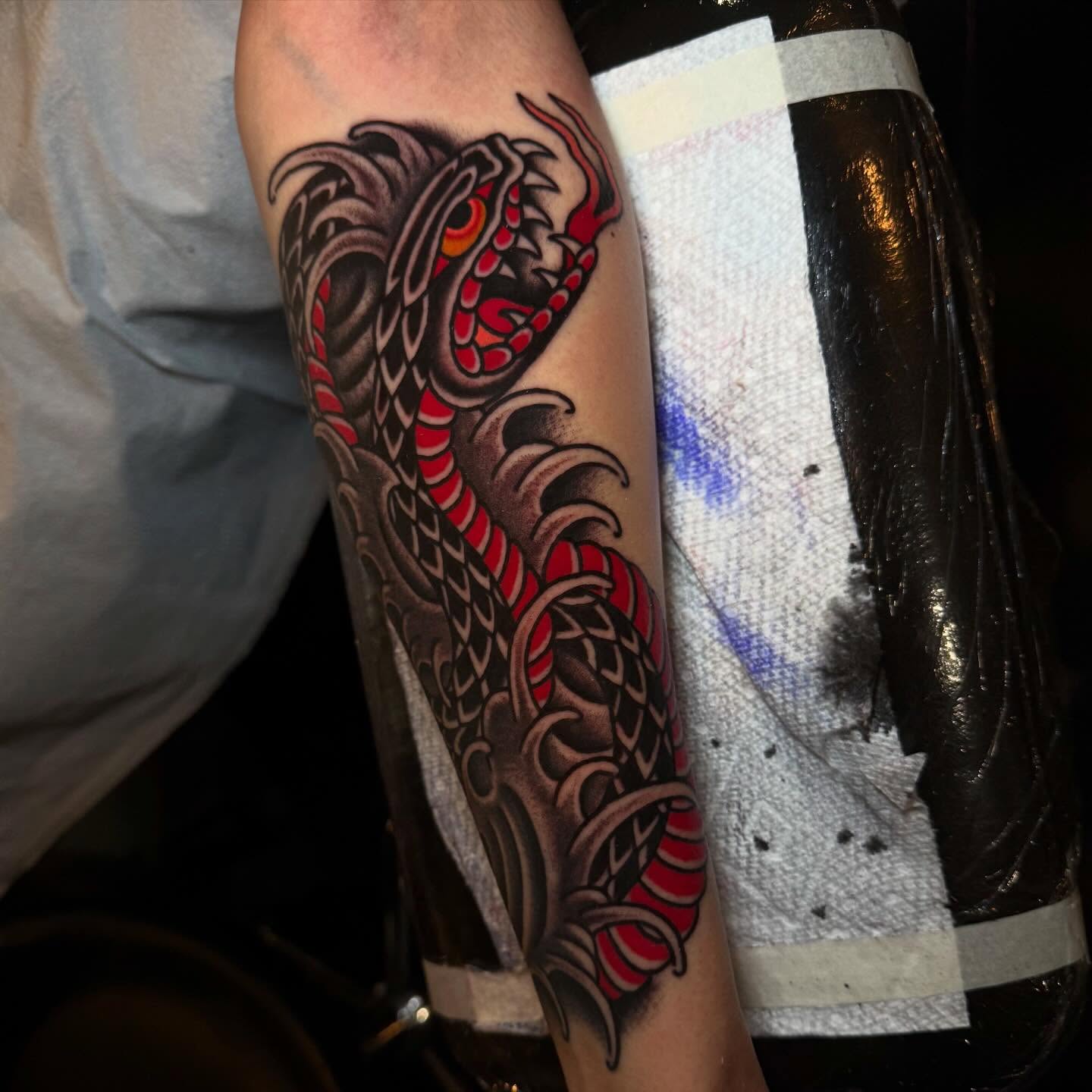 Dragon japanese irezumi tattoo on the forearm by Julia Louise