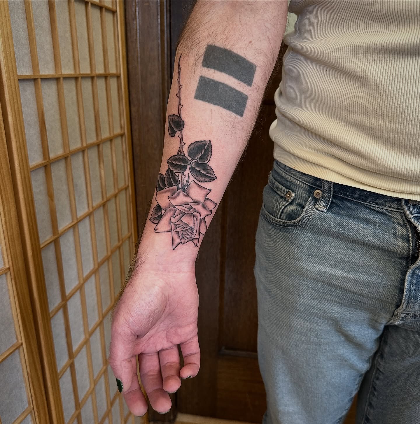Rose and vine black and grey tattoo on the forearm by Tattooing by Patty Valentine