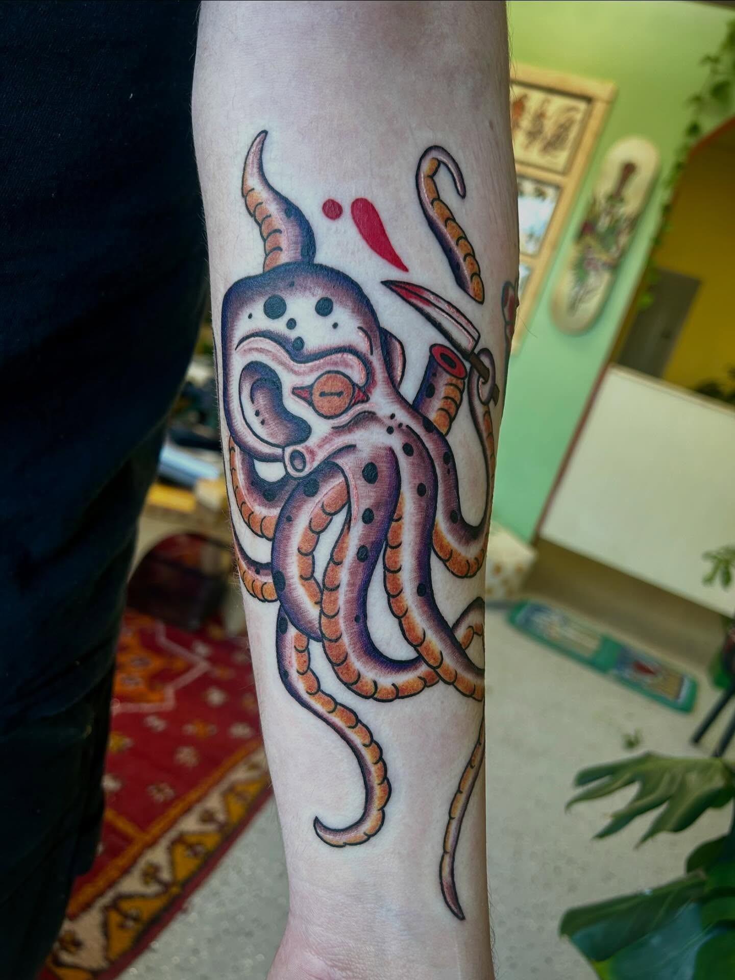 Octopus American traditional tattoo on the forearm by Bria🩸
