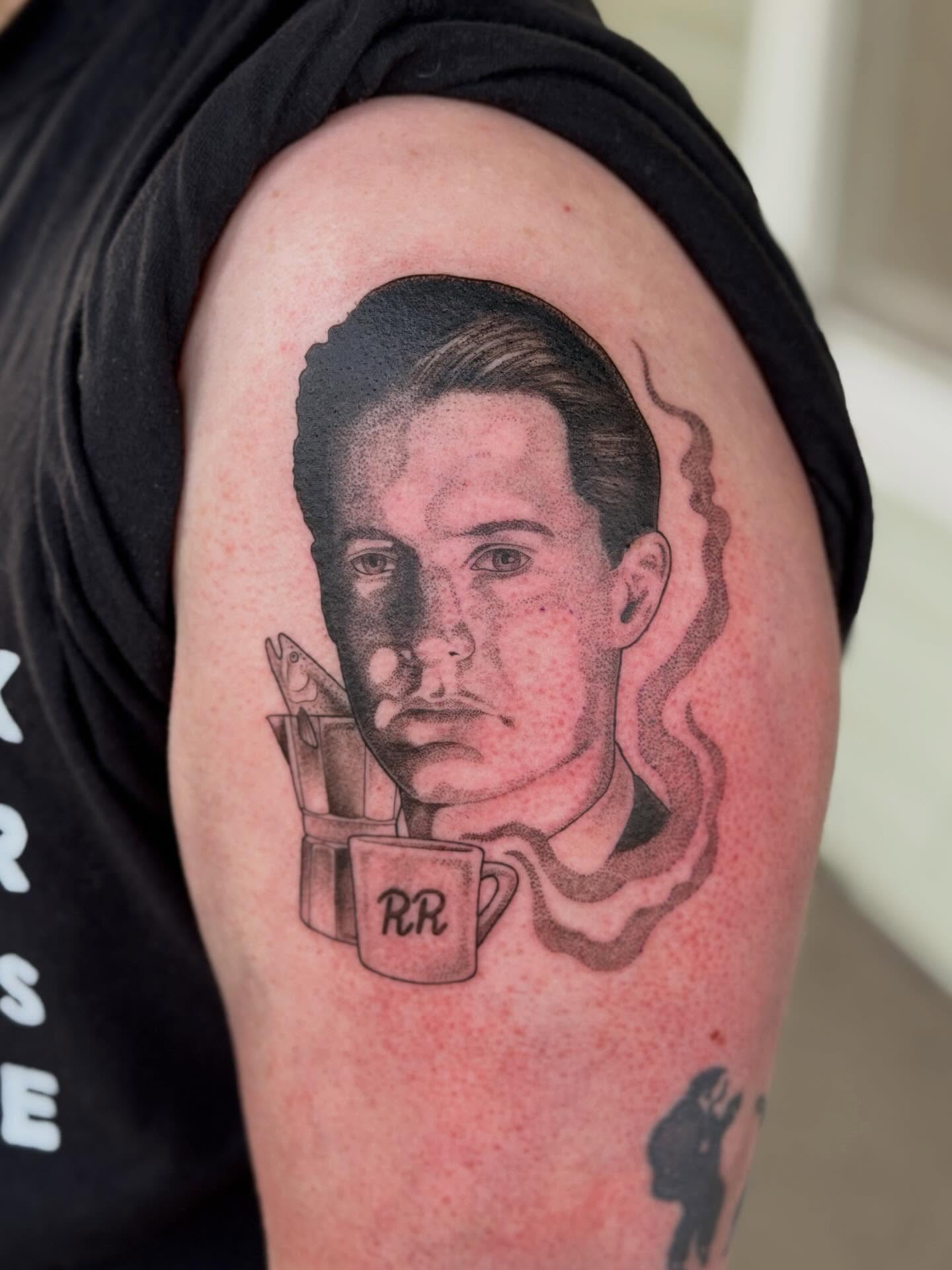 Portrait with coffee mug realism tattoo on the shoulder by Alison (Wise) Best