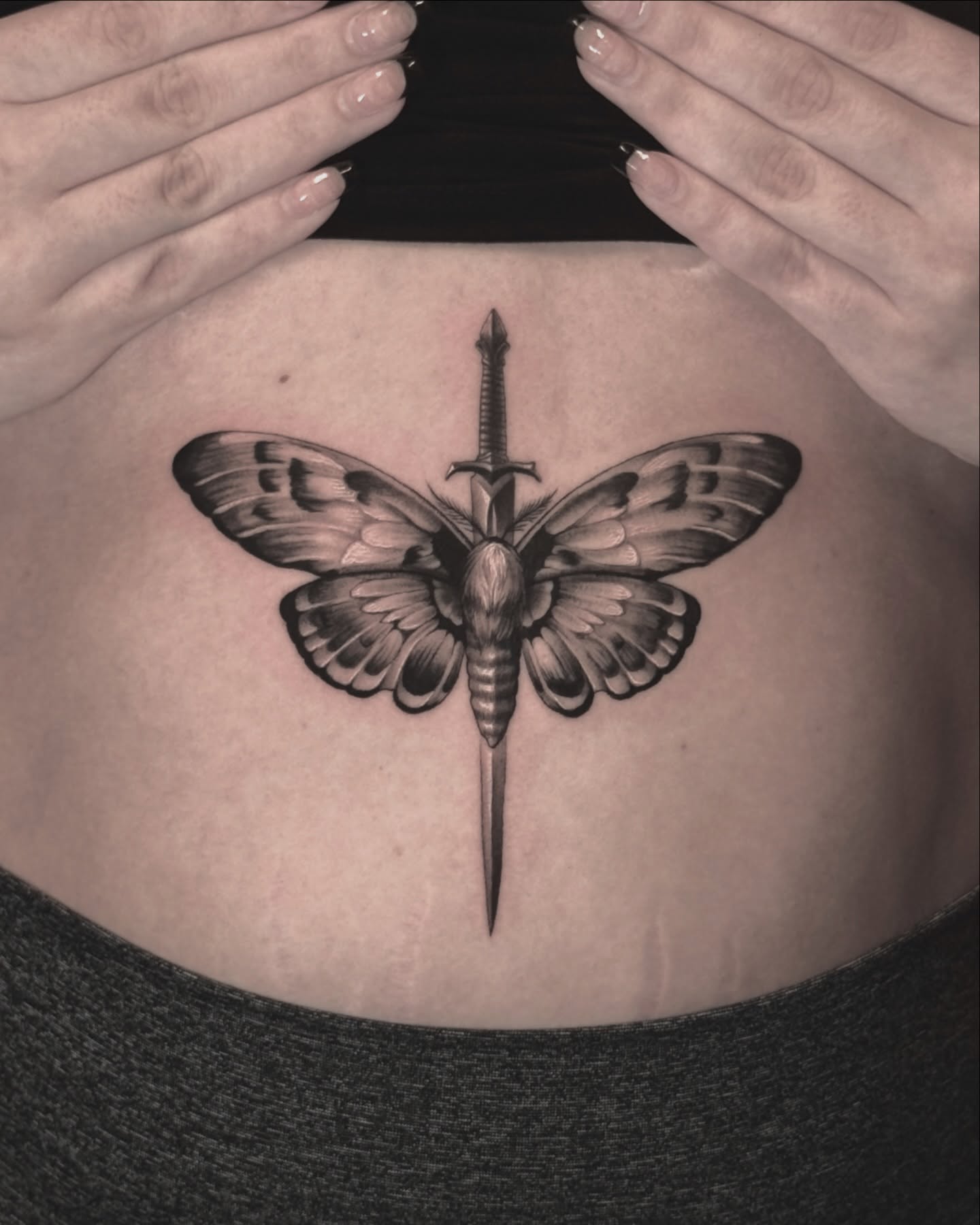 Moth with sword black and grey tattoo on the torso by ๐
๐๐๐๐ณ๐ฎ๐ฆ๐ข ๐๐๐ญ๐ญ๐จ๐จs