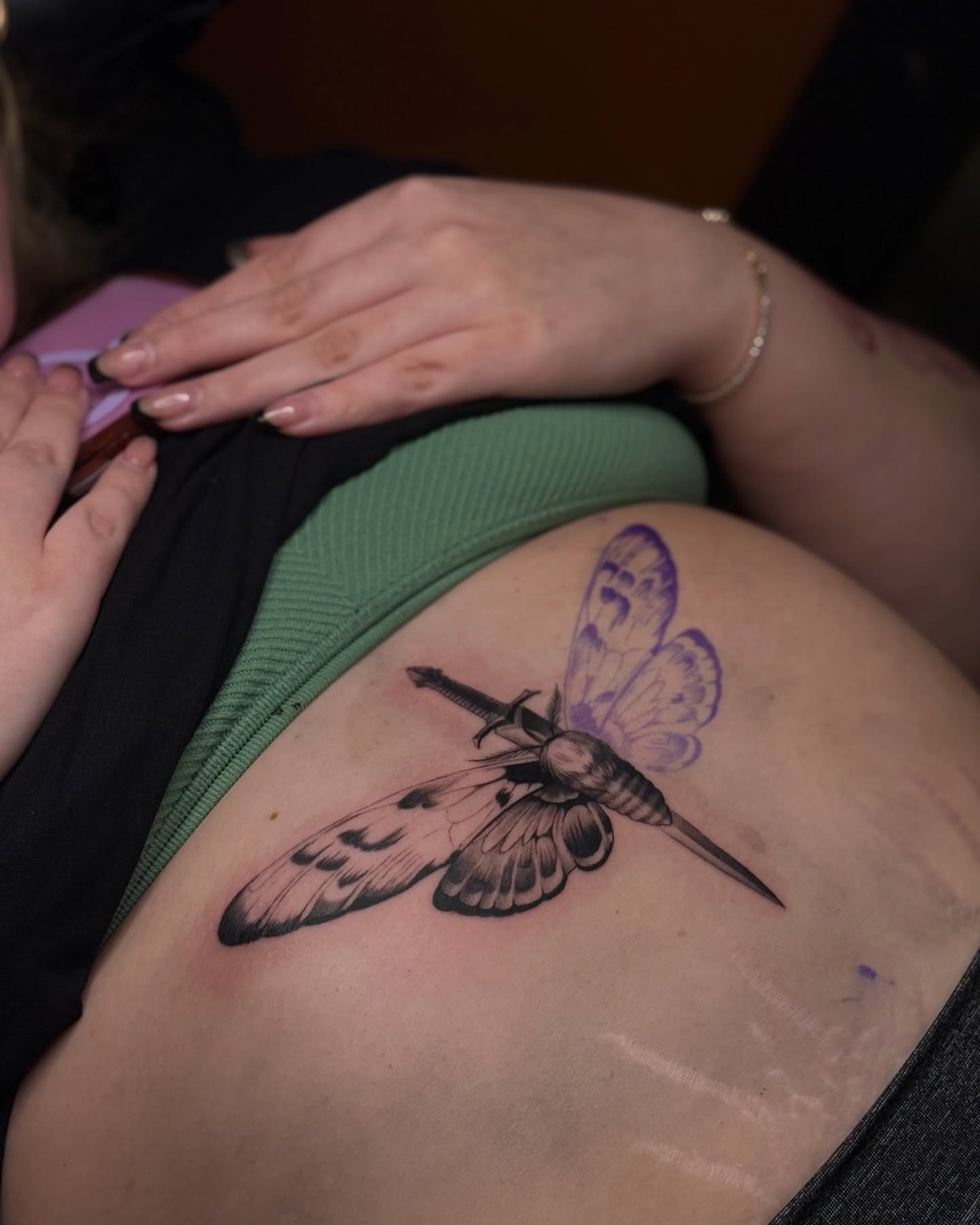 Moth with sword black and grey tattoo on the thigh by ๐
๐๐๐๐ณ๐ฎ๐ฆ๐ข ๐๐๐ญ๐ญ๐จ๐จs