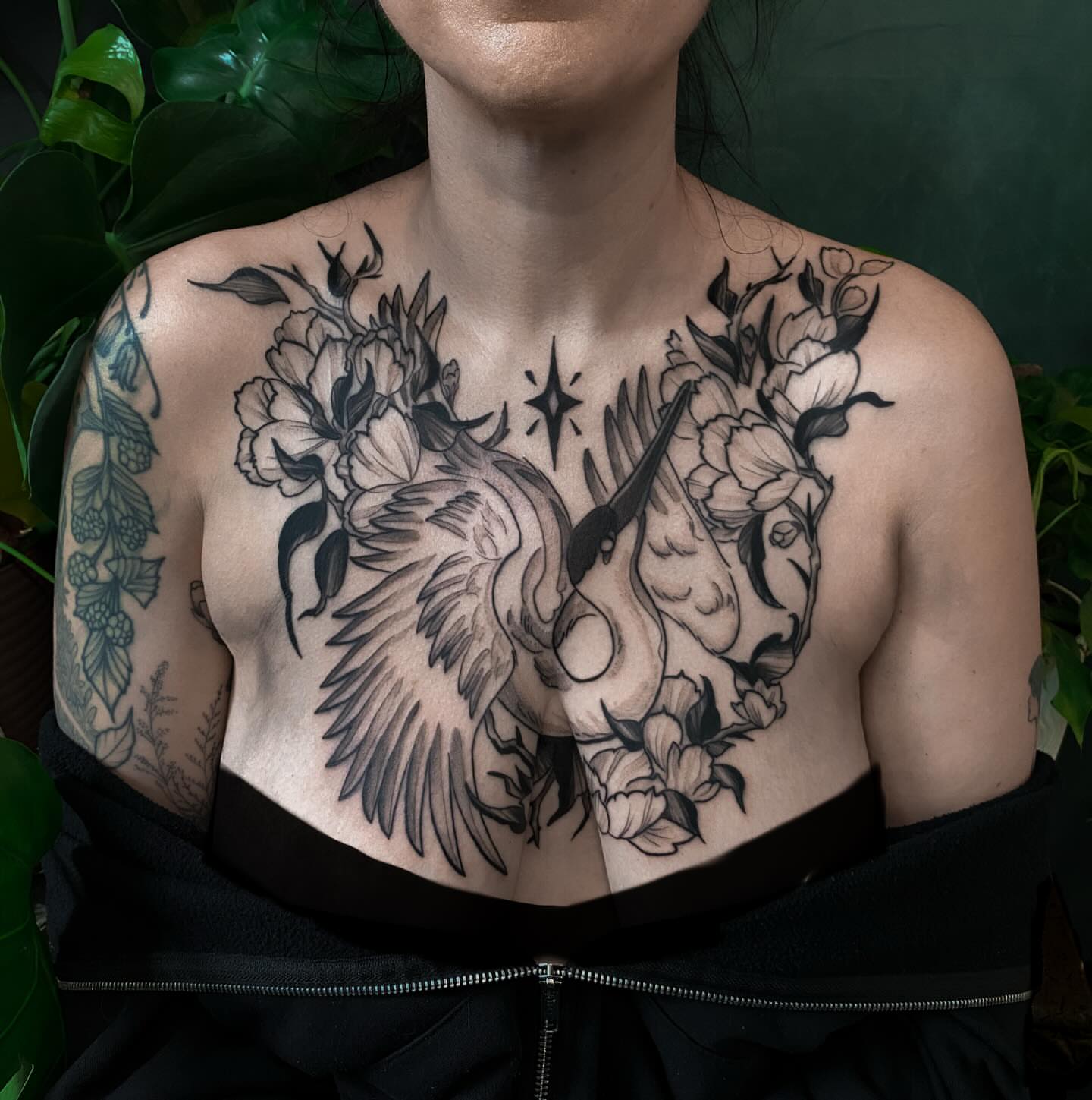 Peony and crane black and grey tattoo on the chest by ✥ G i t t a ✥