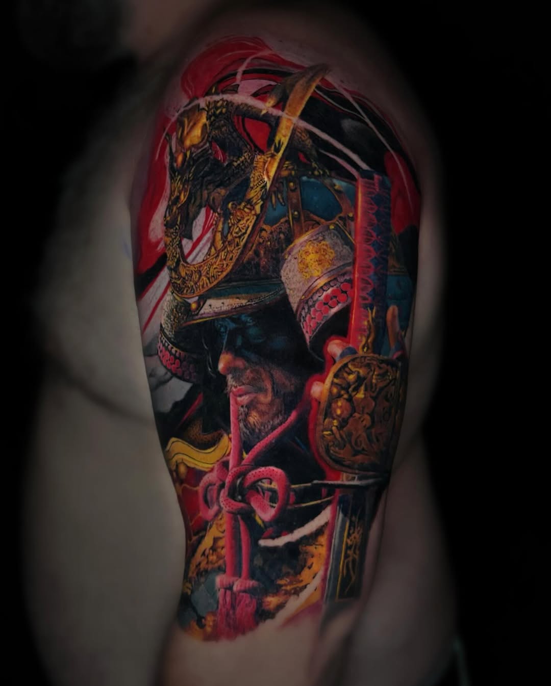Samurai warrior portrait surrealism tattoo on the forearm by Yu Chen