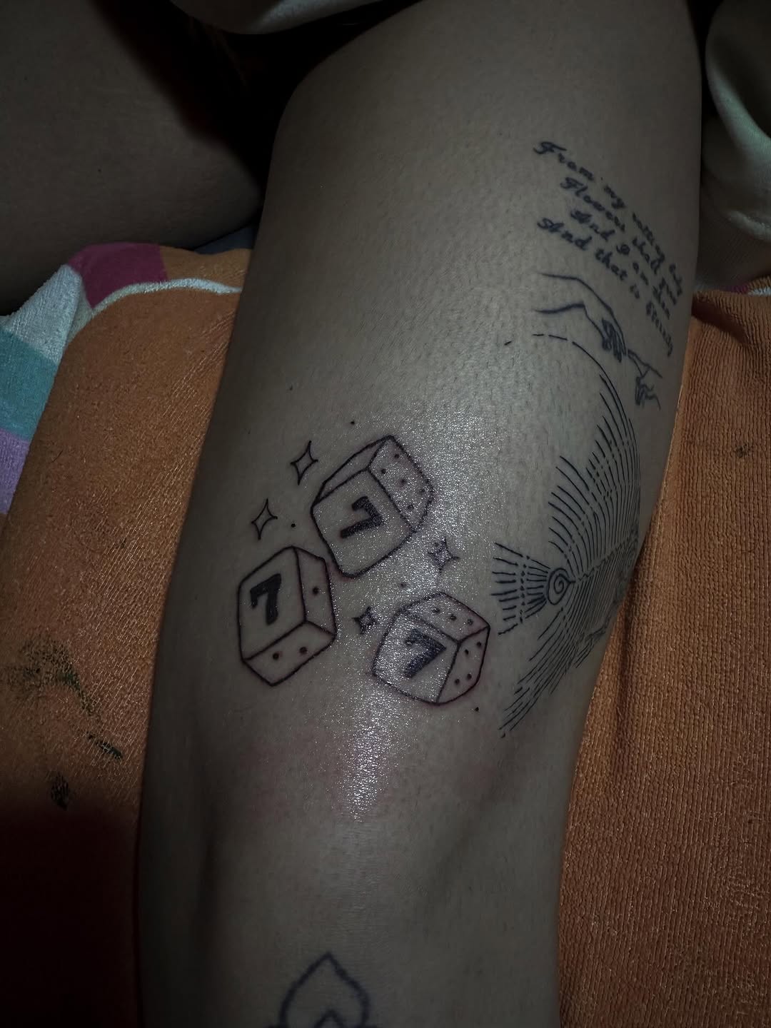 Three dice with number 7 tattoo on the thigh by ☆ ciara ☆