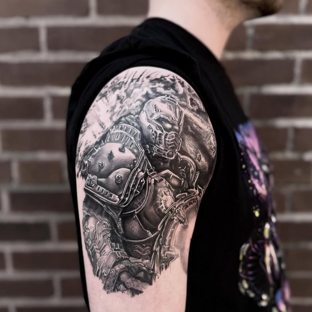 Doom Slayer character realism tattoo on the shoulder by Blake Van Vleck