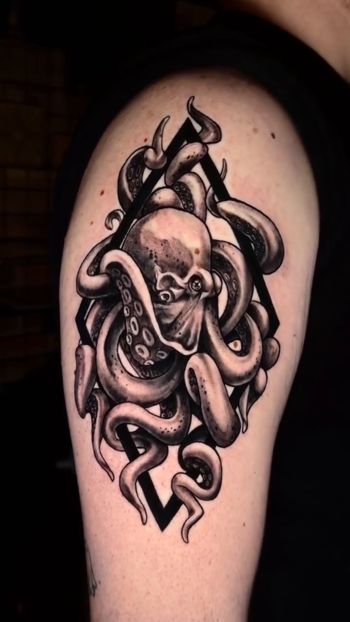 Octopus and skull dark realism tattoo by Wiser Oner- Salt Lake City Tattoo Artist, Salt Lake City, Utah