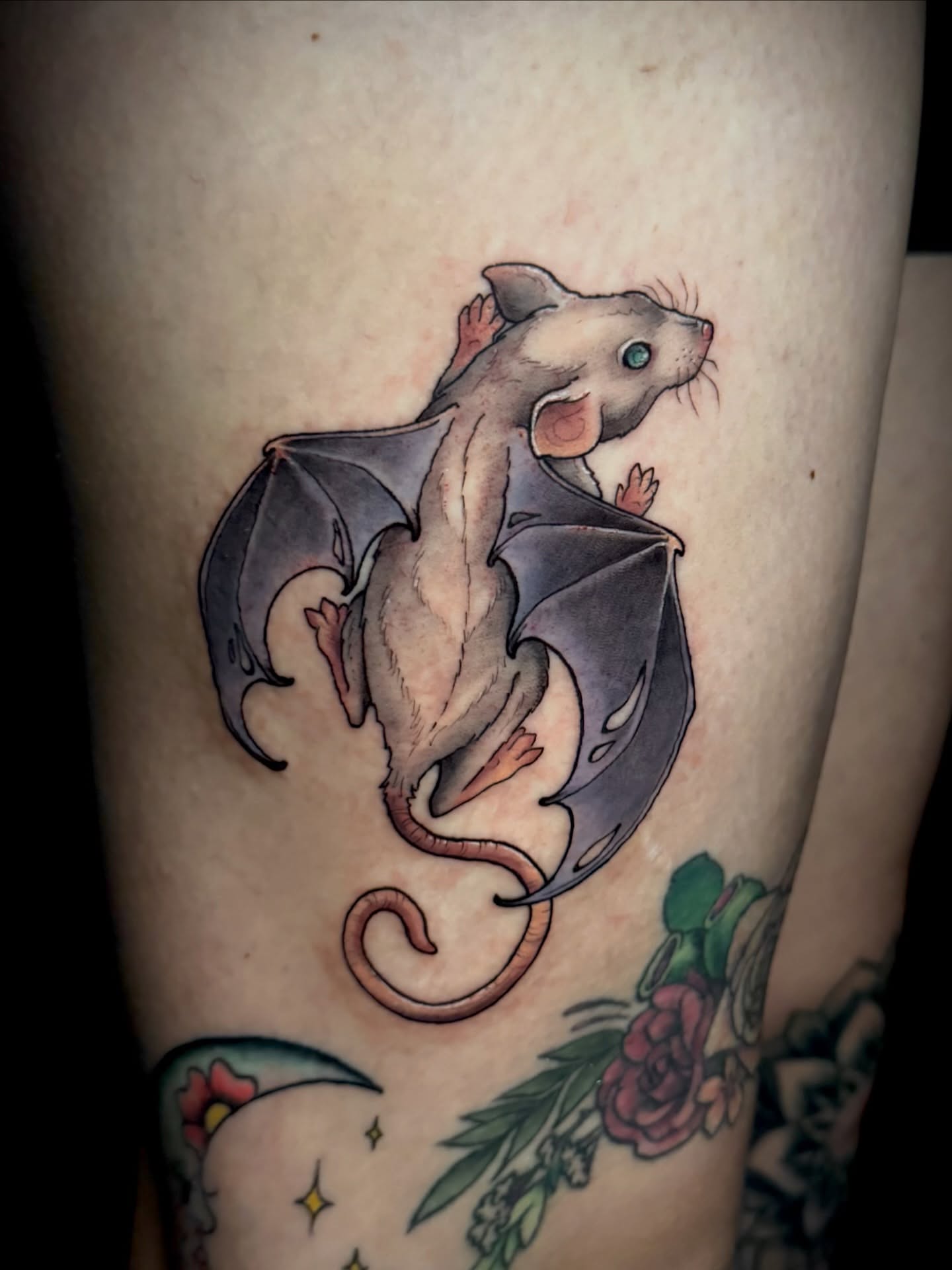 Bat mouse hybrid new school tattoo on the thigh by M A D I E I N S P A N I E R π¦ tattoos