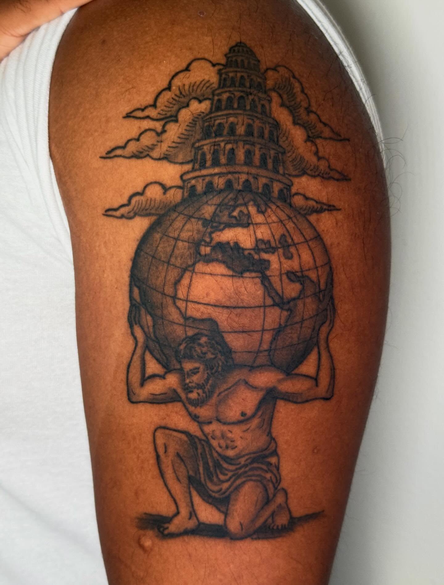 Atlas and globe realism tattoo on the thigh by CAT