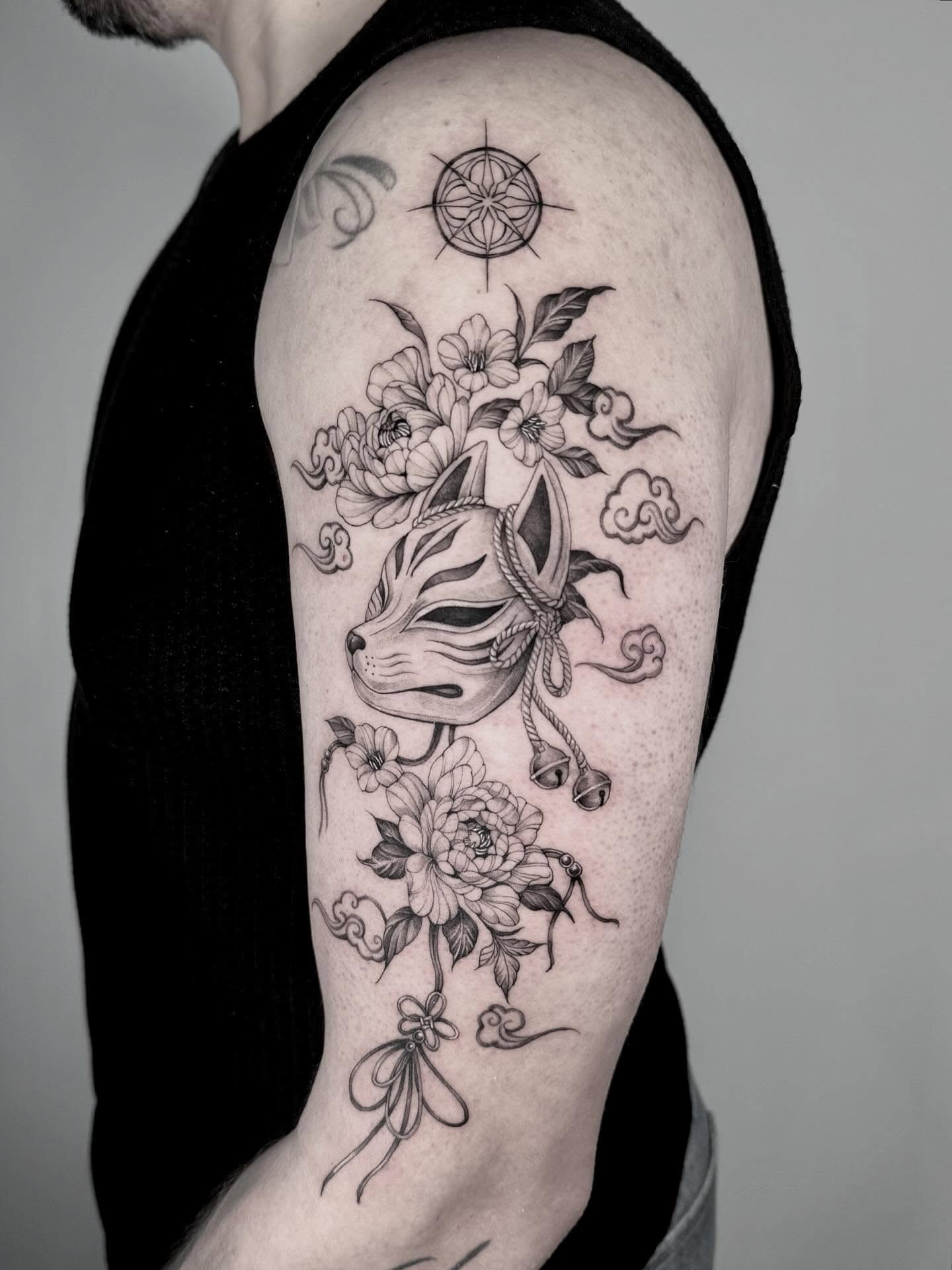 Cat mask with flowers realism tattoo on the forearm by eugene k 🌈, San Francisco, California