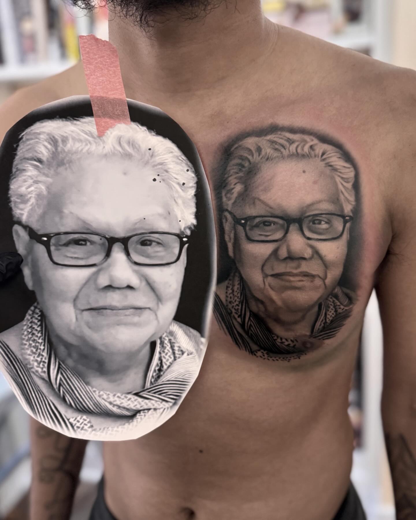 Portrait realism tattoo on the chest by Jen Bean, Richmond, Virginia