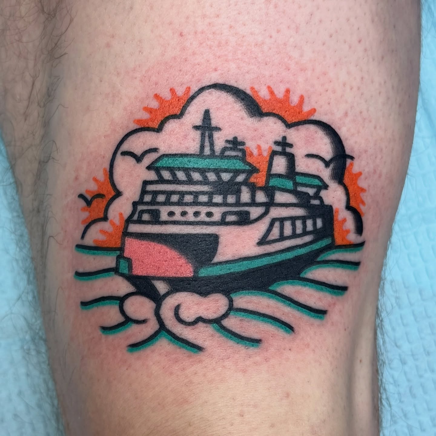 Riverboat American traditional tattoo on the thigh by Sam