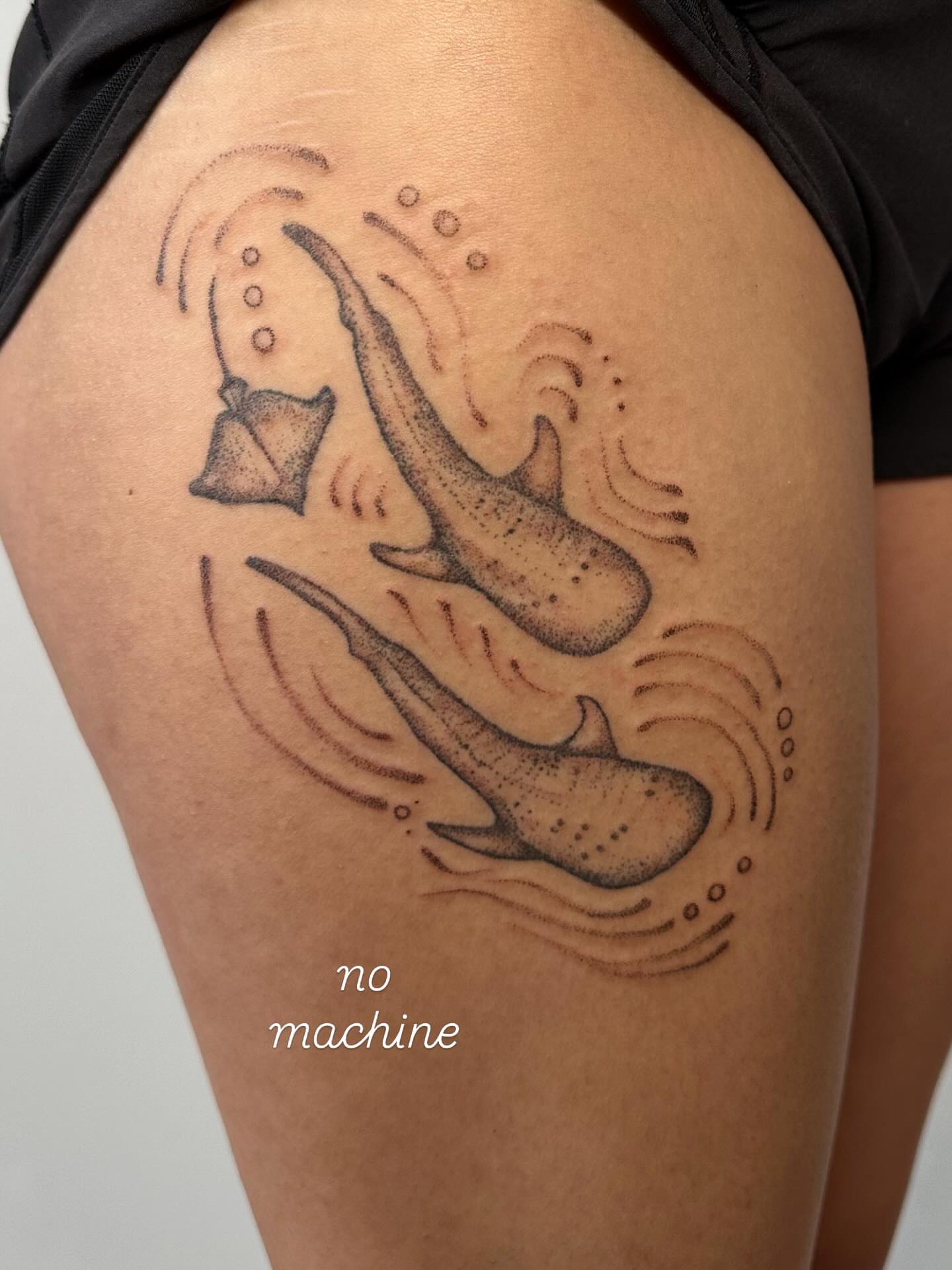 Sharks dotwork tattoo on the thigh by Sadie Spades Philly Tattoos