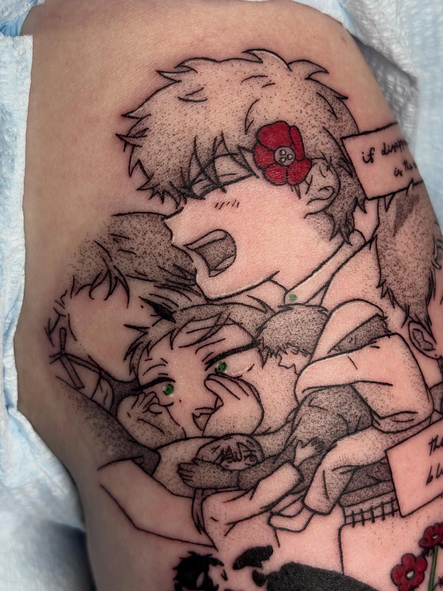 Family hug dotwork tattoo on the thigh by mia aka chuu (◕ ˬ ◕ ✿)