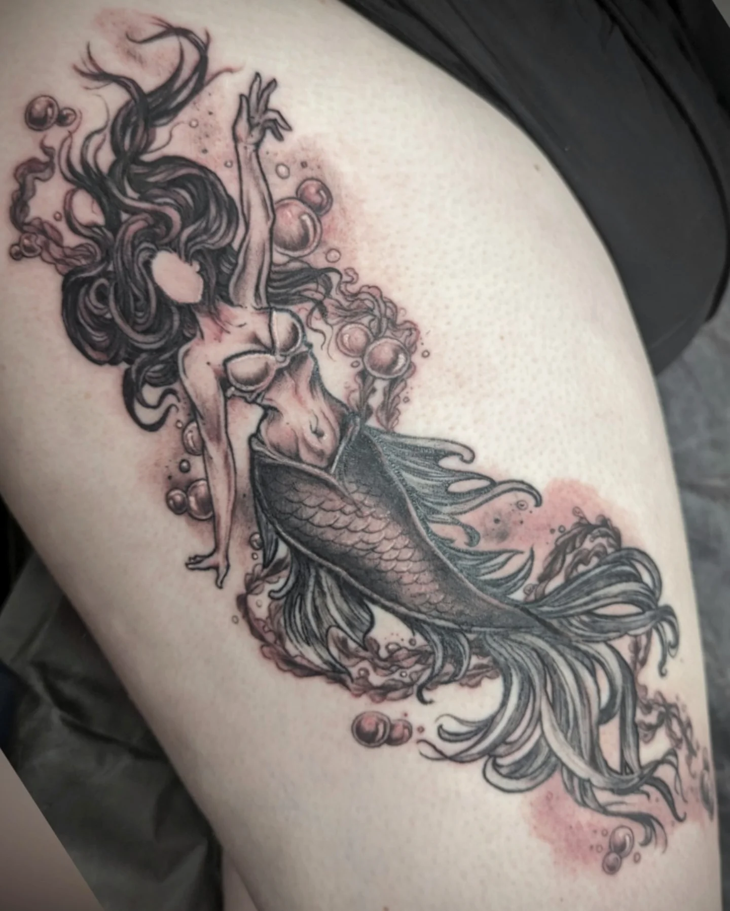 Mermaid realism tattoo on the thigh by Ashton Allen-Ruiz, Portland, Oregon
