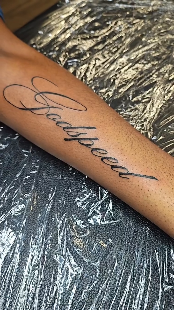 Godspeed tattoo on arm lettering tattoo on the back by @cvpital