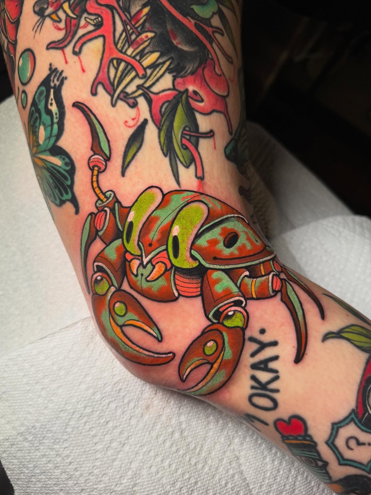 Crab American traditional tattoo on the forearm by Jess Longfield, Des Moines, Iowa