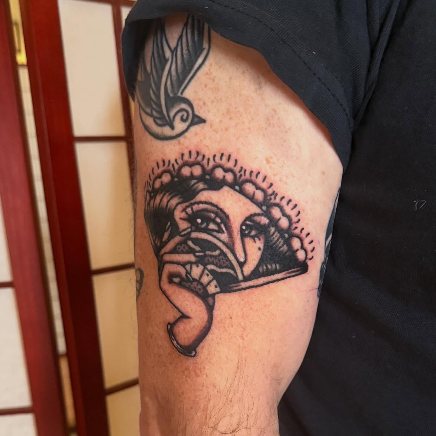 Woman's face American traditional tattoo on the forearm by madelynne (maddie) caldwell tattoos