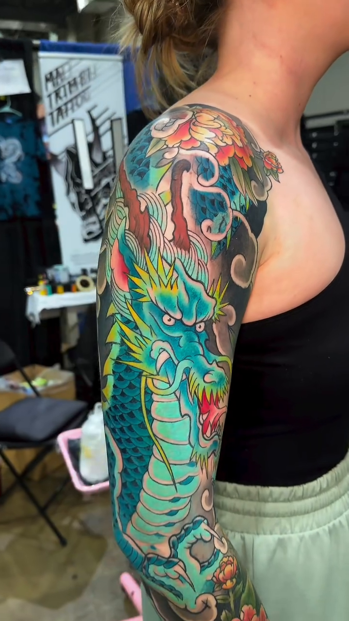 Dragon and flowers japanese irezumi tattoo by Matt Trimble, Charlotte, North Carolina