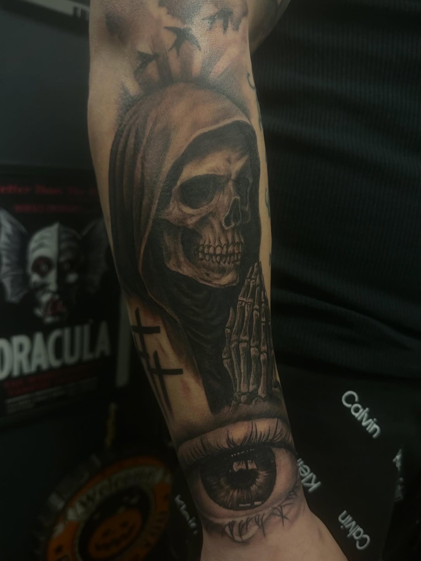 Grim reaper realism tattoo on the forearm by Carly🪲 greensboro tattoo artist, Greensboro, North Carolina