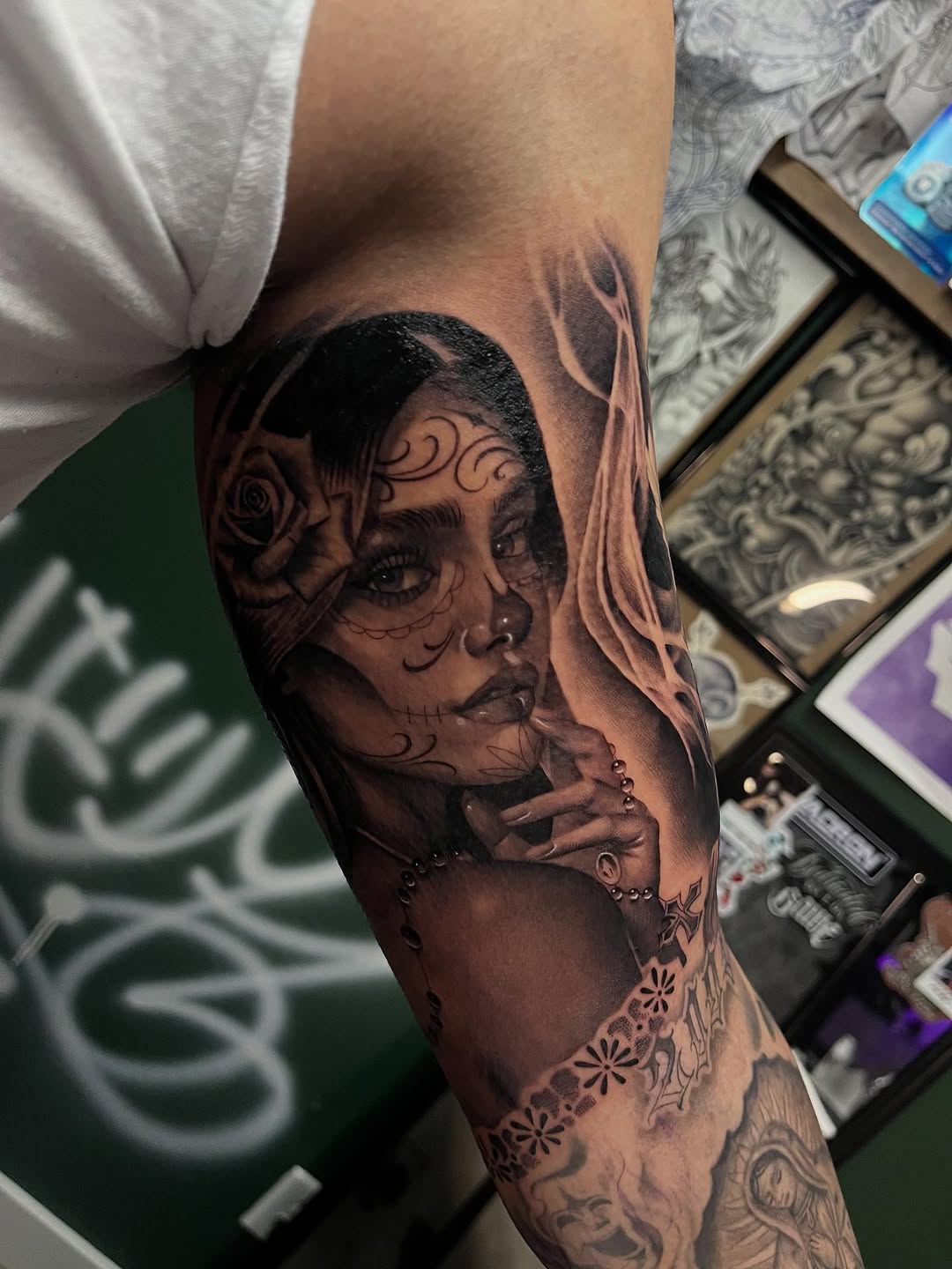 Sugar skull woman with rose Chicano tattoo on the forearm by Denver Tattoo Artist