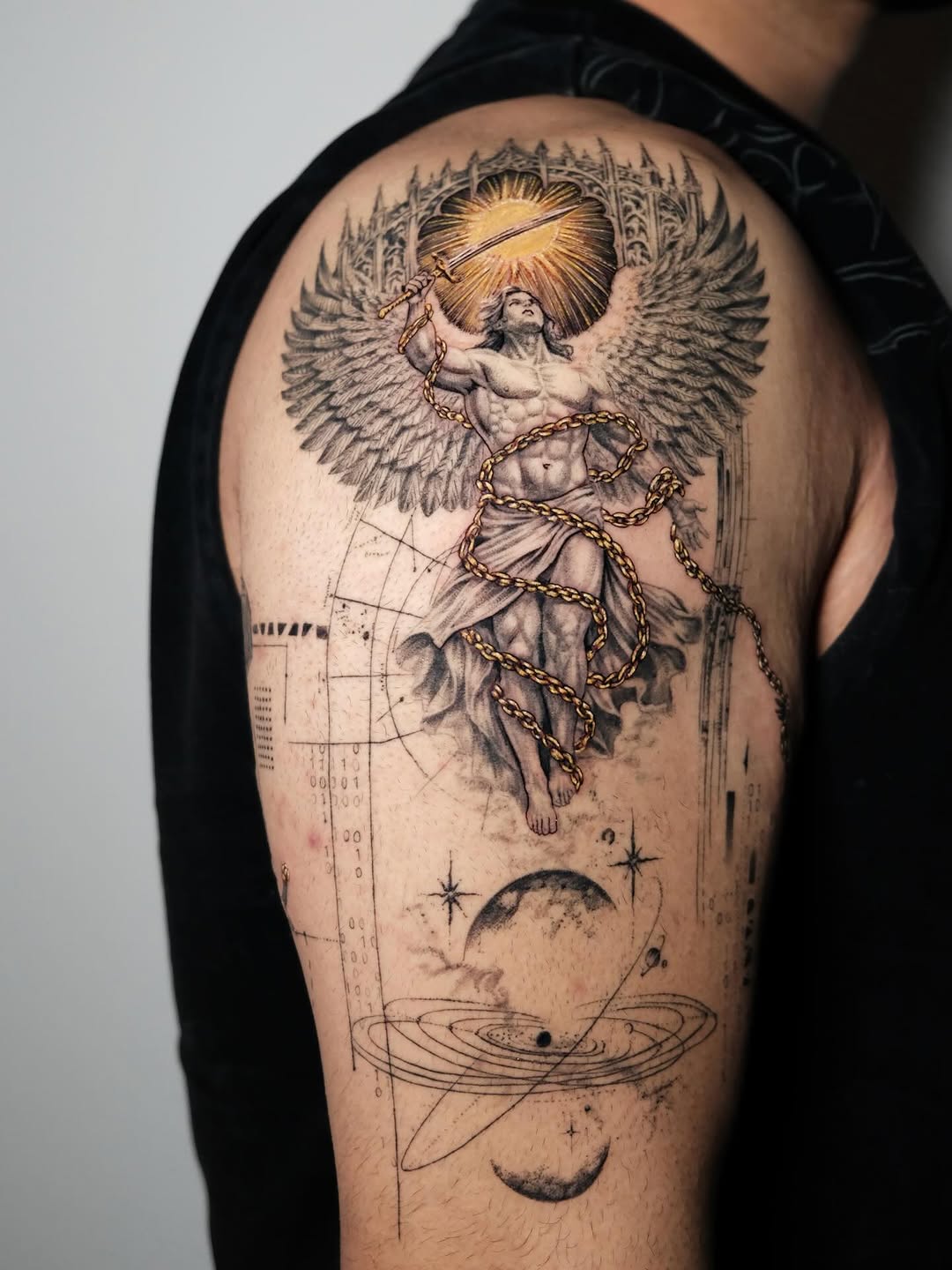 Angel with sword and chains realism tattoo on the shoulder by Zay - Realistic tattoo Artist