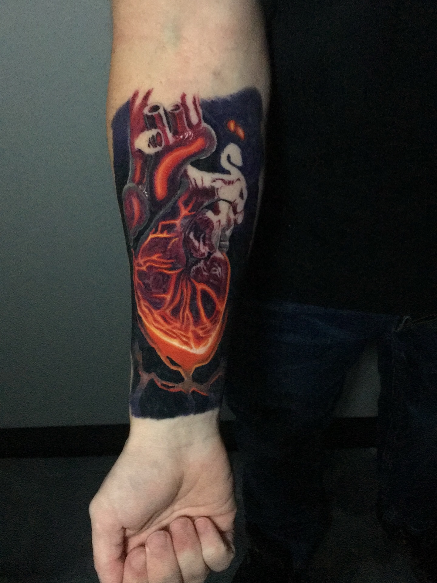 Anatomical heart realism tattoo on the forearm by Rick Elliott