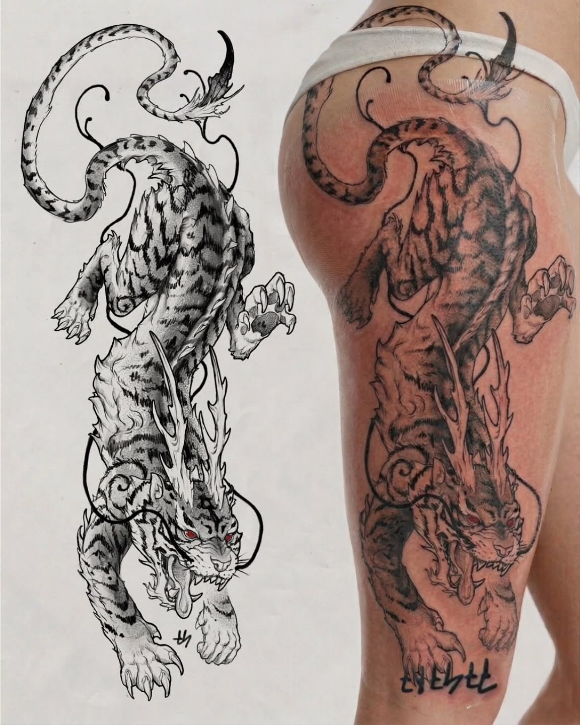 Dragon realism tattoo on the calf by EyeSee Tattoos