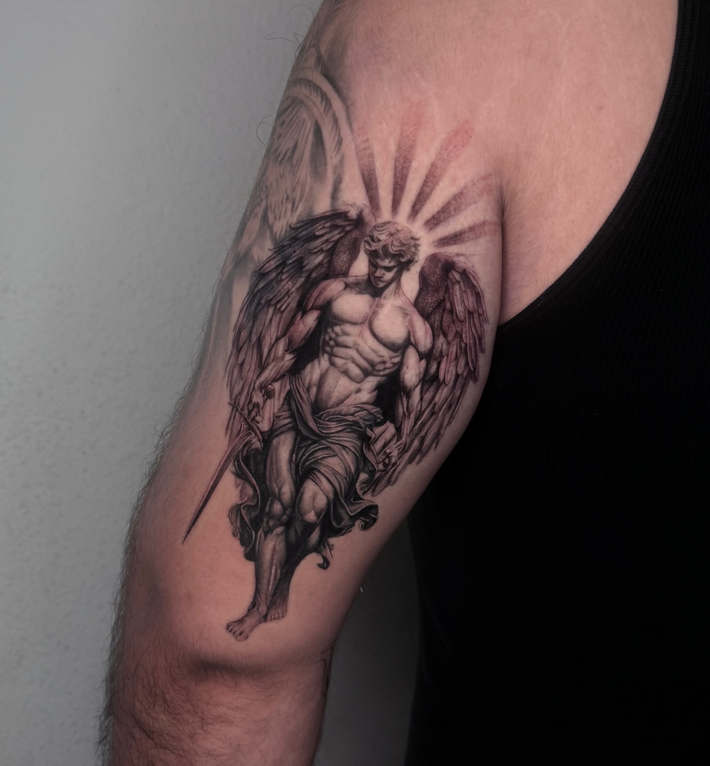 Angelic warrior realism tattoo on the forearm by josselyn ☪︎
