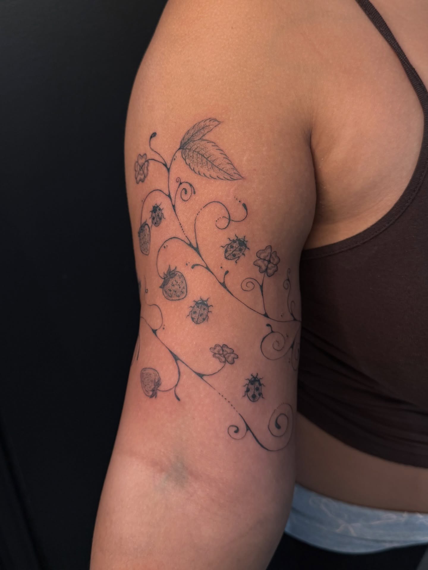 Berries and leaves black and grey tattoo on the upper arm by dewduls :), Berkeley, California