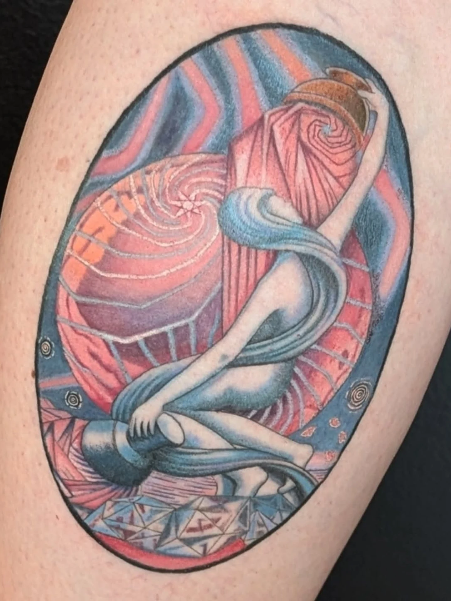 Swirling woman illustrative tattoo on the thigh by π²π°πket