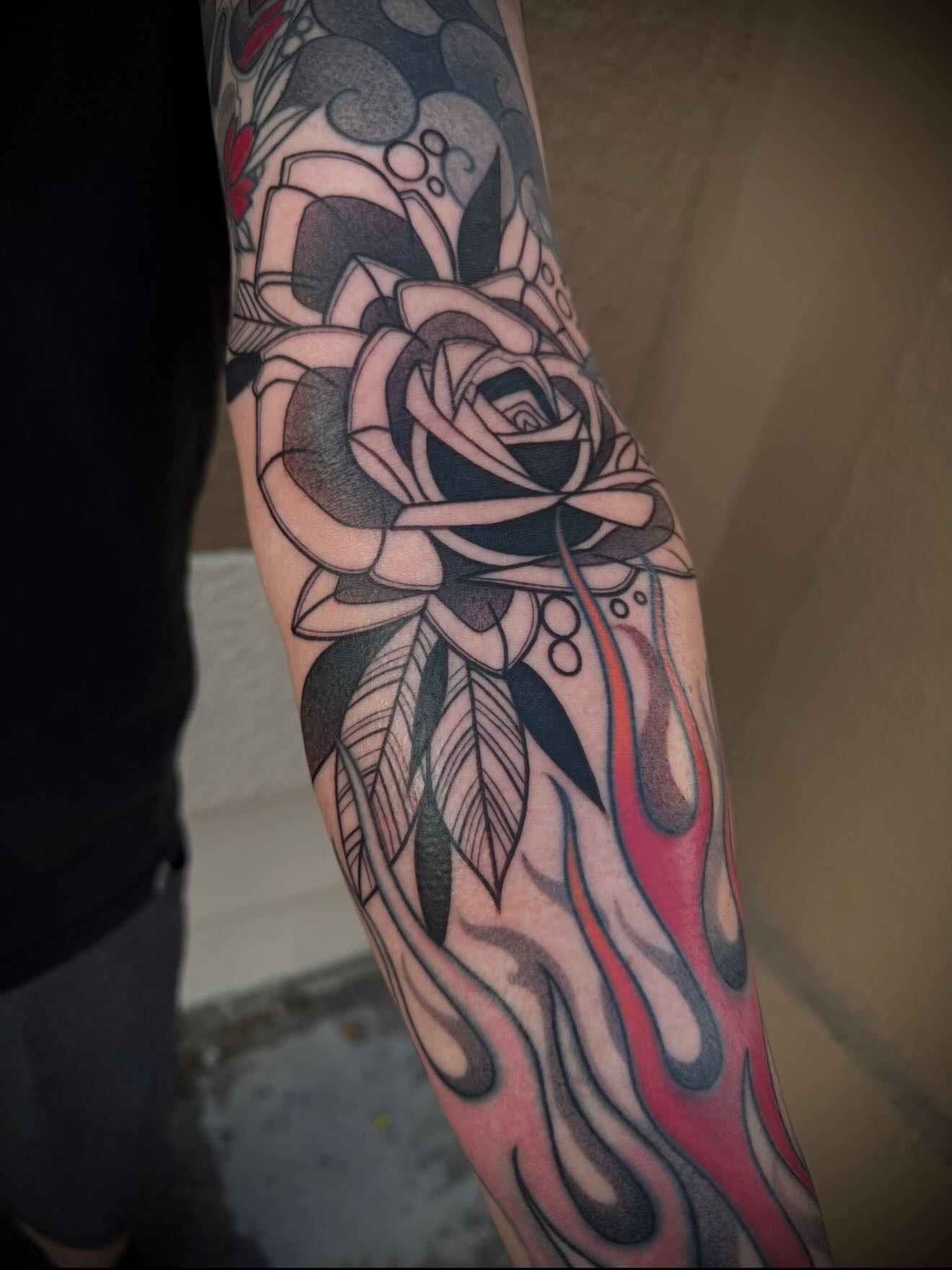 Flame and rose geometric tattoo on the forearm by M A R I B e T H▪️k L A A R