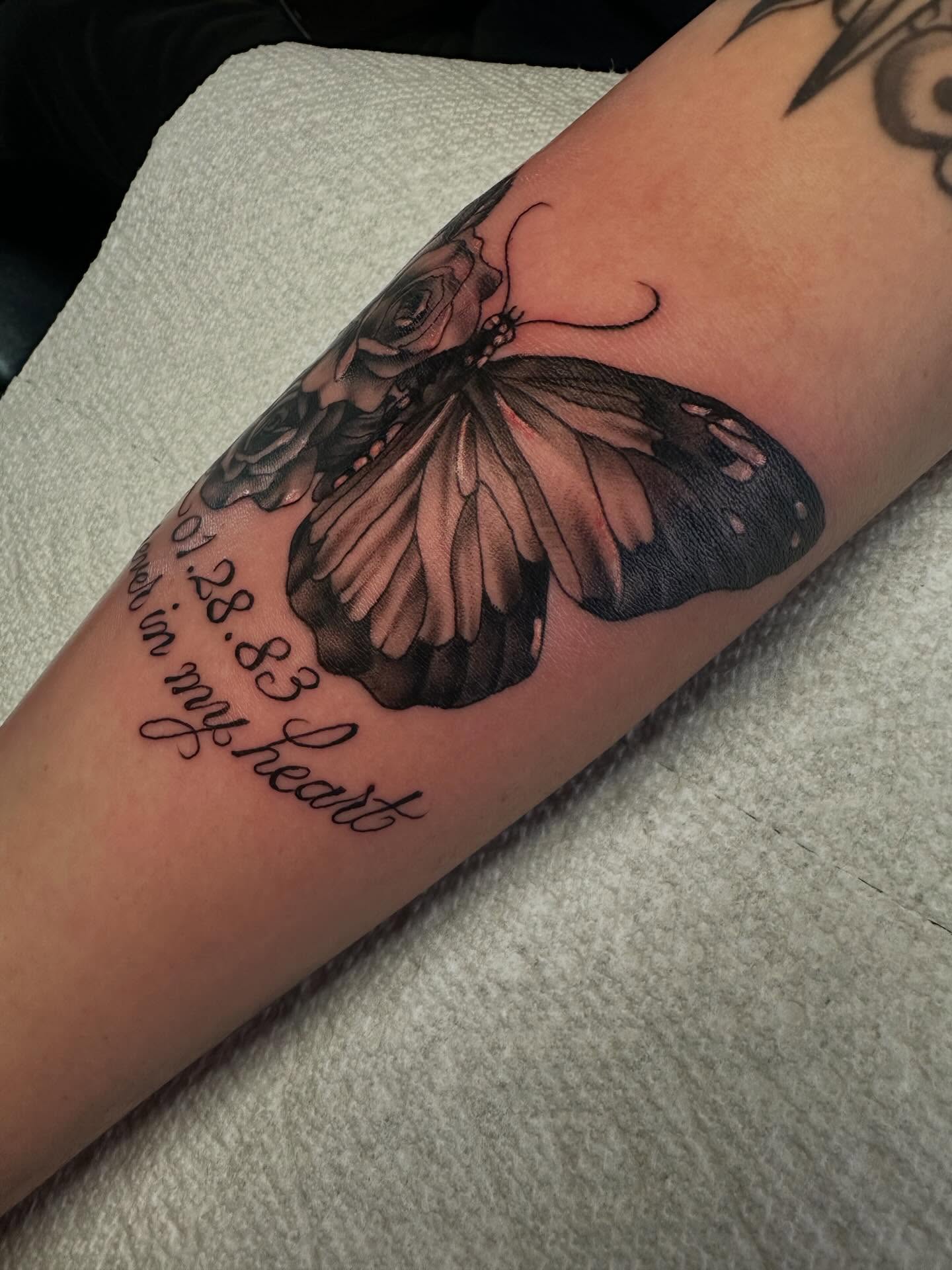 Butterfly realism tattoo on the forearm by Elisha B🦷