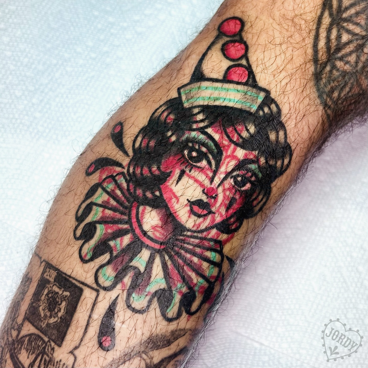 Jester American traditional tattoo on the forearm by jordy, Philadelphia, Pennsylvania