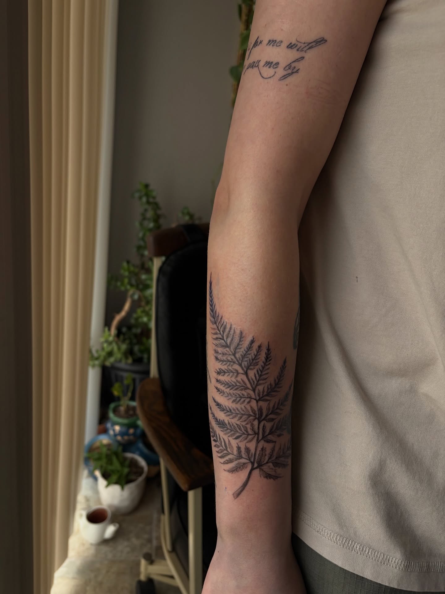 Fern black and grey tattoo on the forearm by ⚜️Embodied Tattoo⚜️, Columbus, Ohio