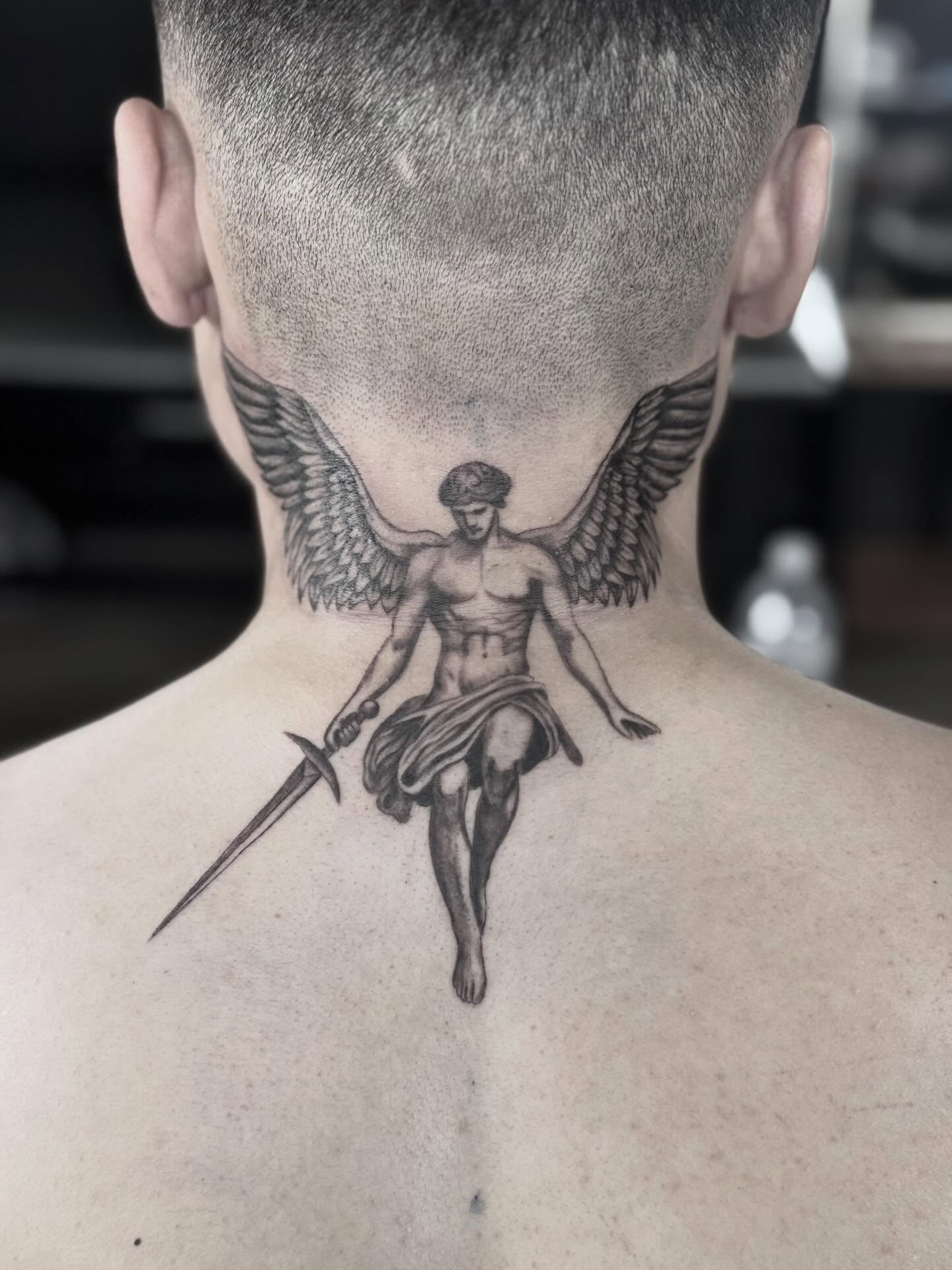 Angel with sword black and grey tattoo on the neck by @carissaetattoos