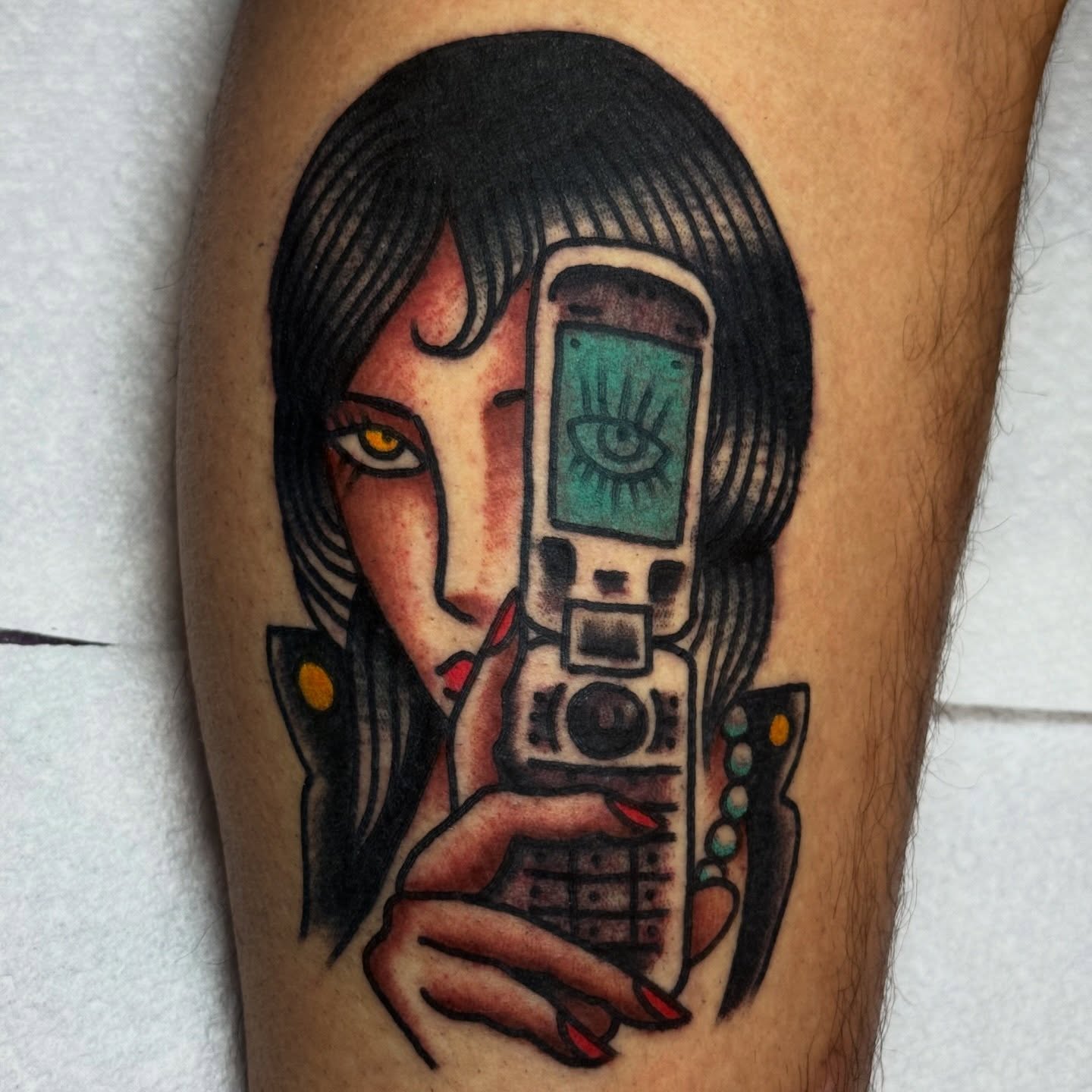 Woman with phone American traditional tattoo on the forearm by ๐ฎ๐๐๐๐ ๐ญ๐๐๐๐๐