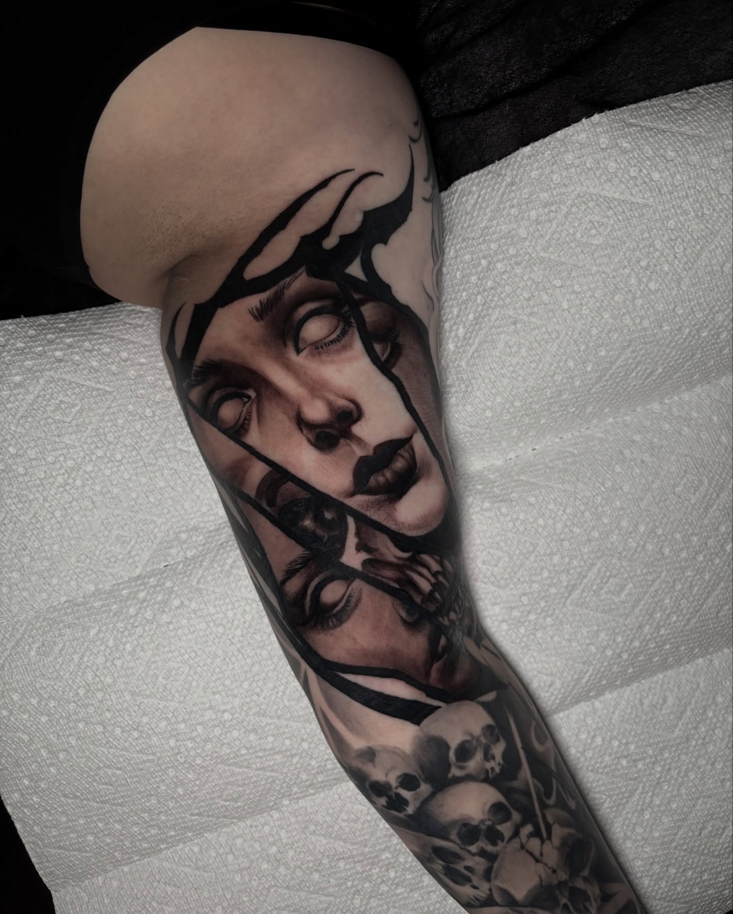 Woman's face realism tattoo on the forearm by Tony Lucero, Wheat Ridge, Colorado