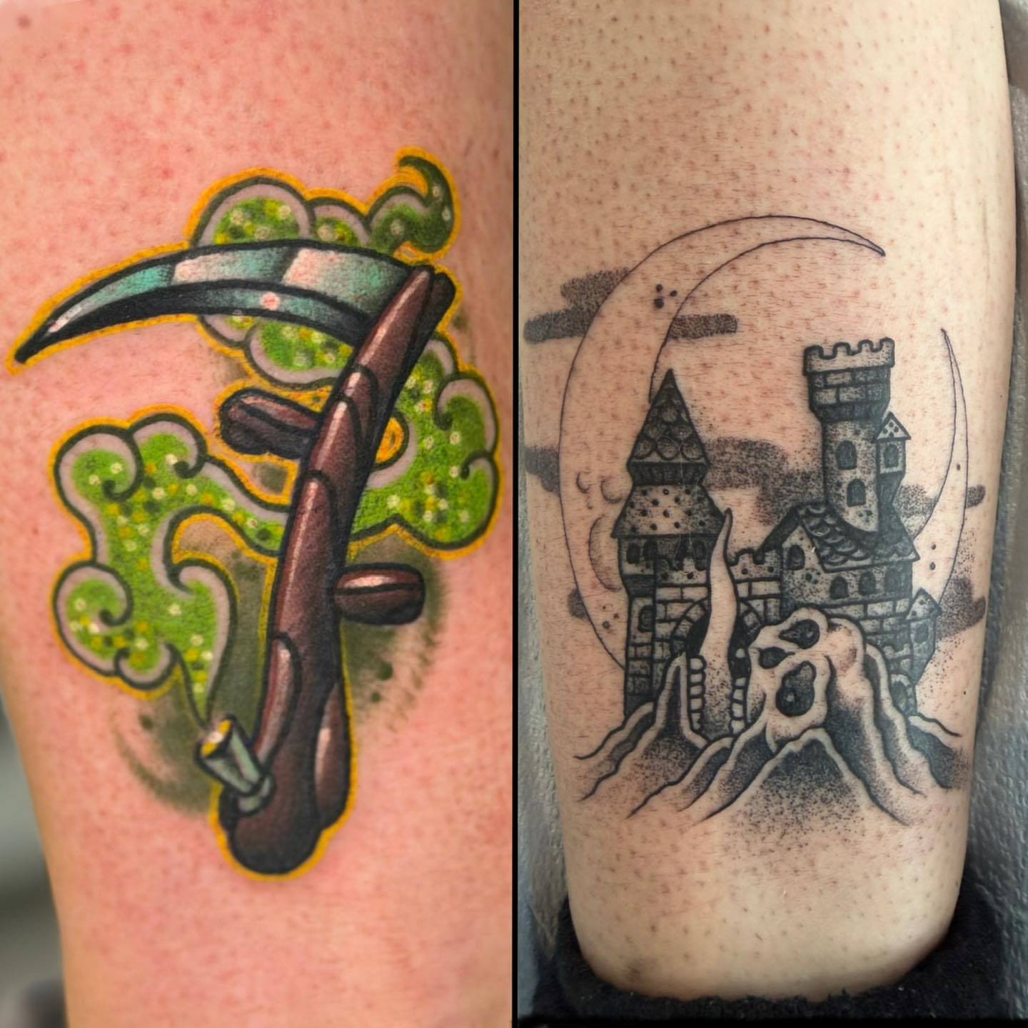 Scythe and clouds American traditional tattoo on the forearm by Tattoos by Aeron Herald Maurbjorn, Sioux