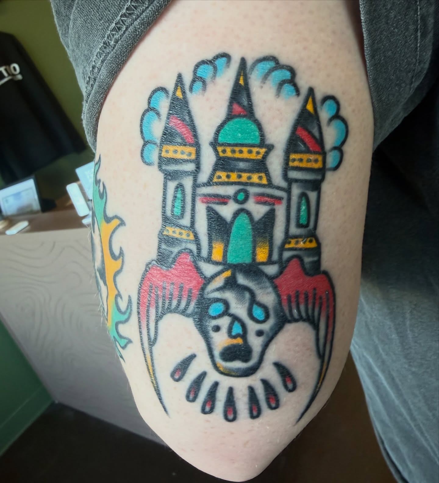 Castle and skull American traditional tattoo on the thigh by Kyle O’Hara ॐ, Nashville, Tennessee