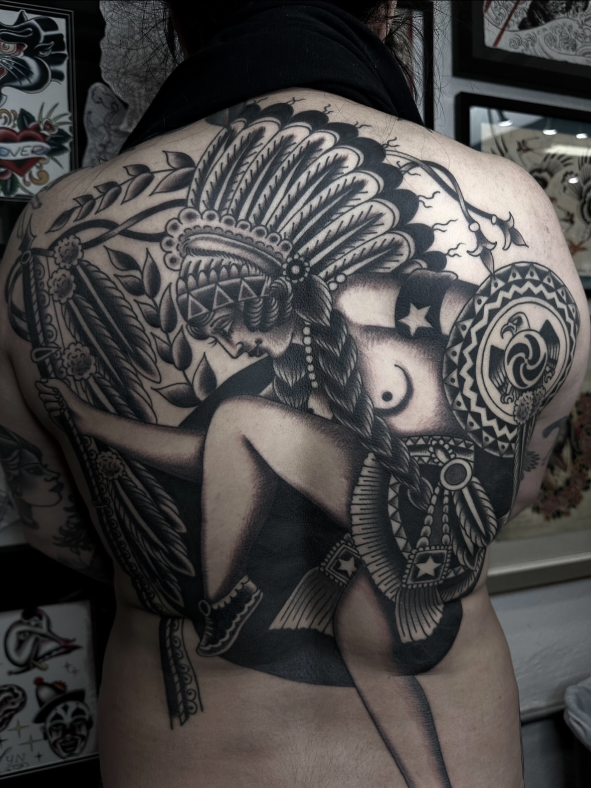Indian woman American traditional tattoo on the back by Ben Karnofsky