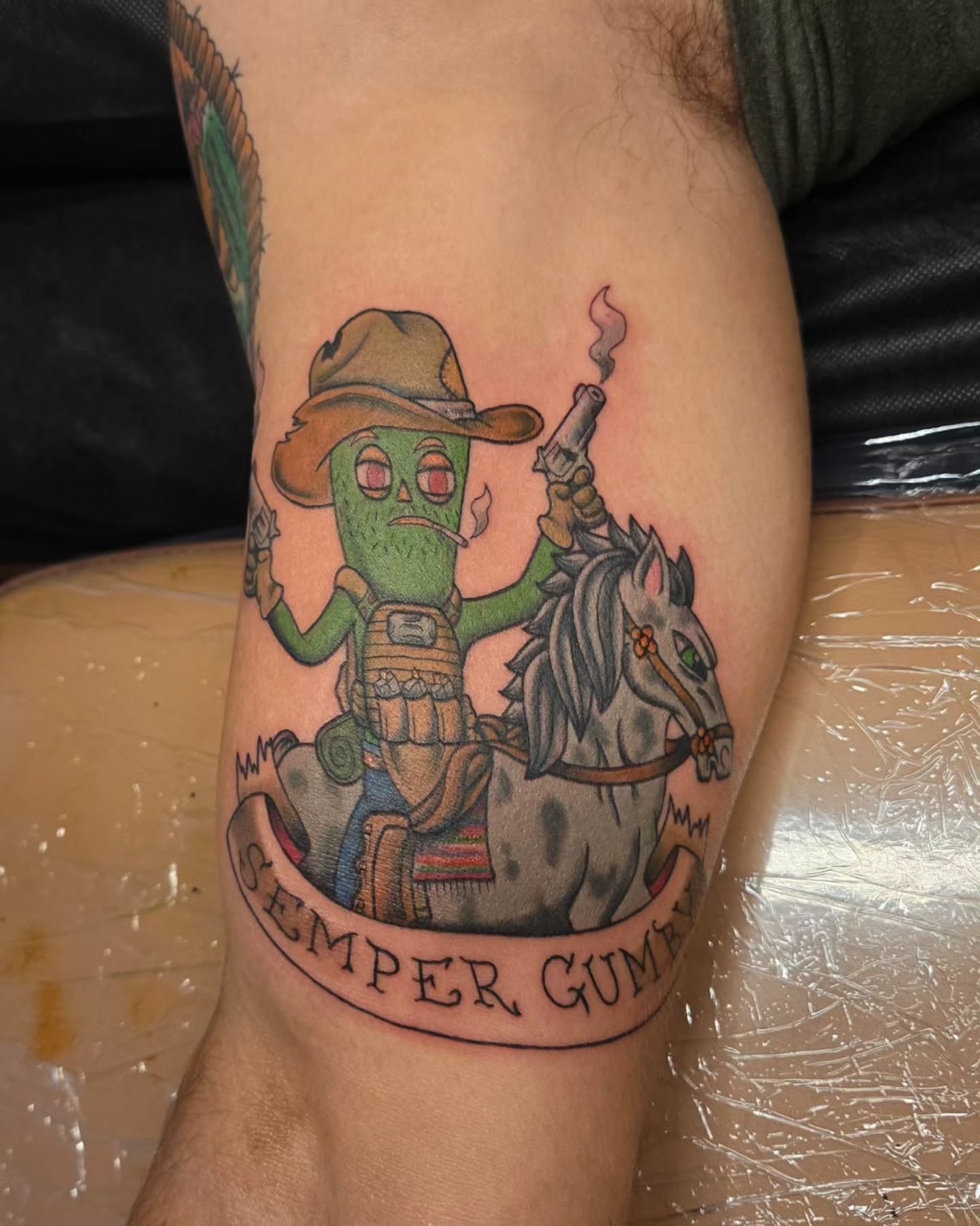 Cowboy cactus American traditional tattoo on the thigh by jo(rdan)
