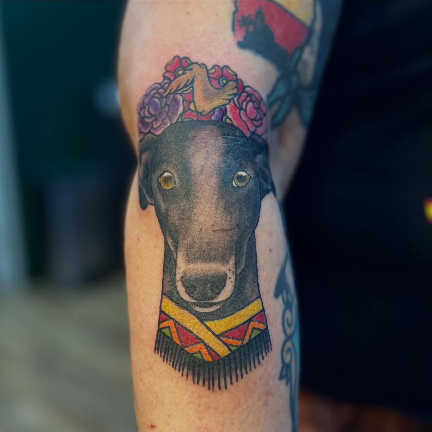 Dog portrait realism tattoo on the forearm by Victorian Coleman