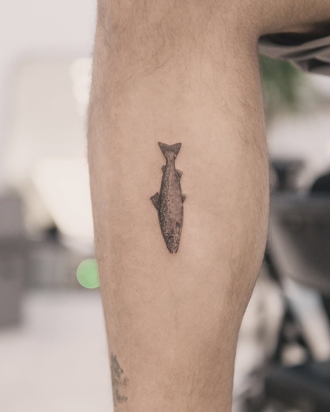 Fish fine line tattoo on the forearm by Joey