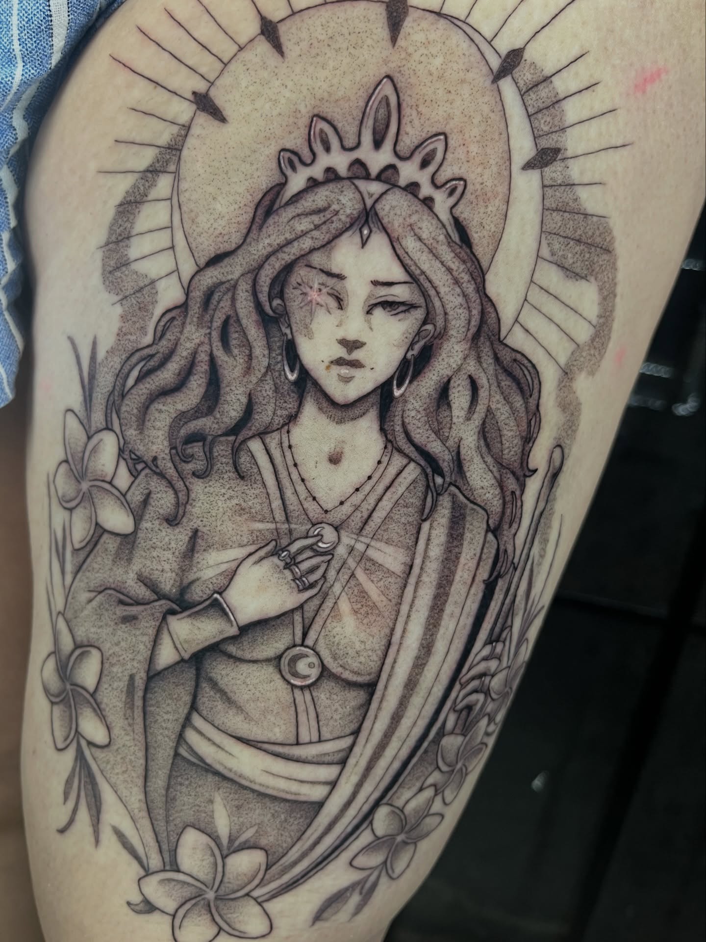 Woman with crown dotwork tattoo on the forearm by Odi ✮⋆˙, Las Vegas, Nevada