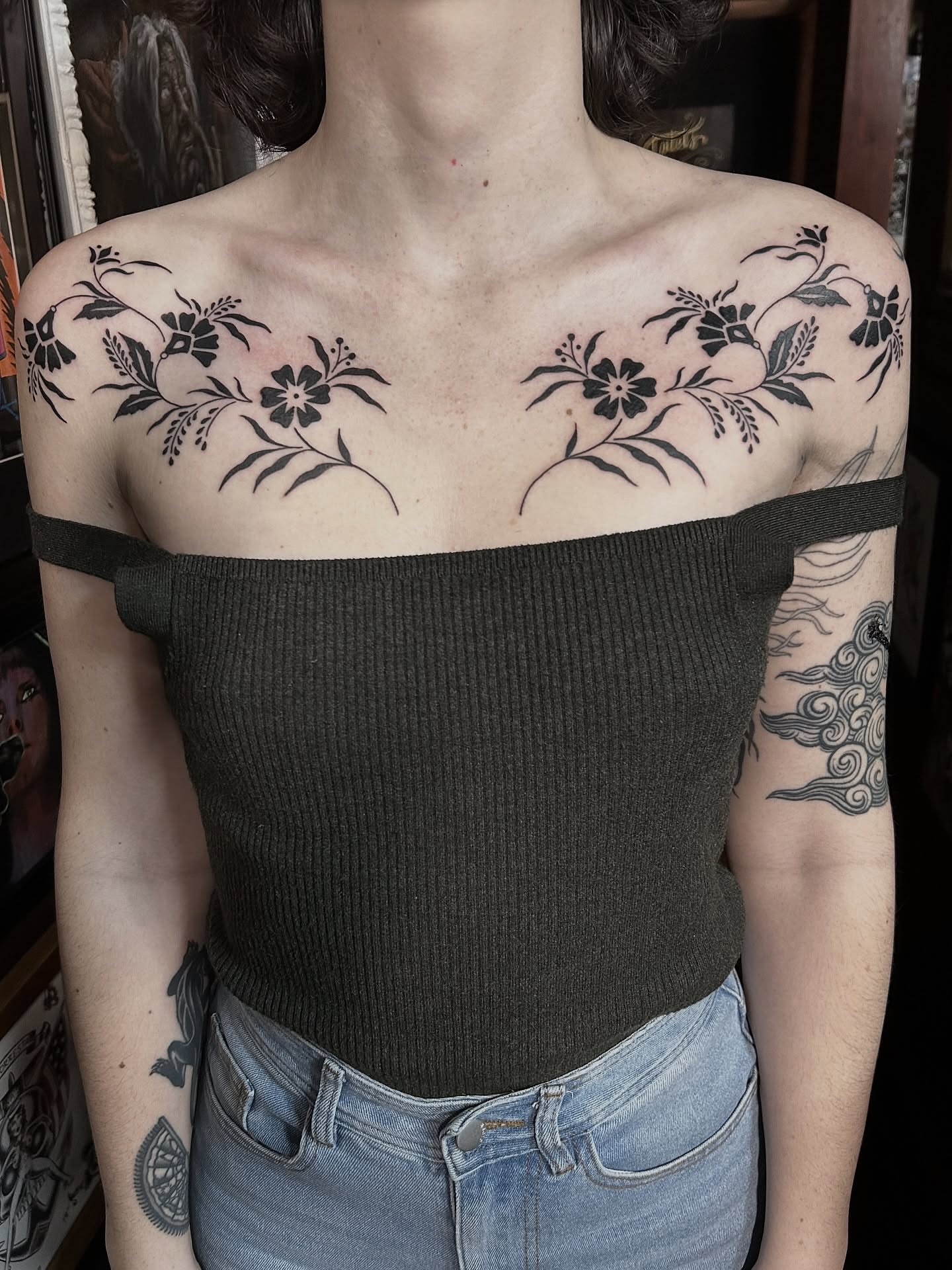 Floral black and grey tattoo on the shoulder by holly danesi . philadelphia tattoo, Philadelphia, Pennsylvania