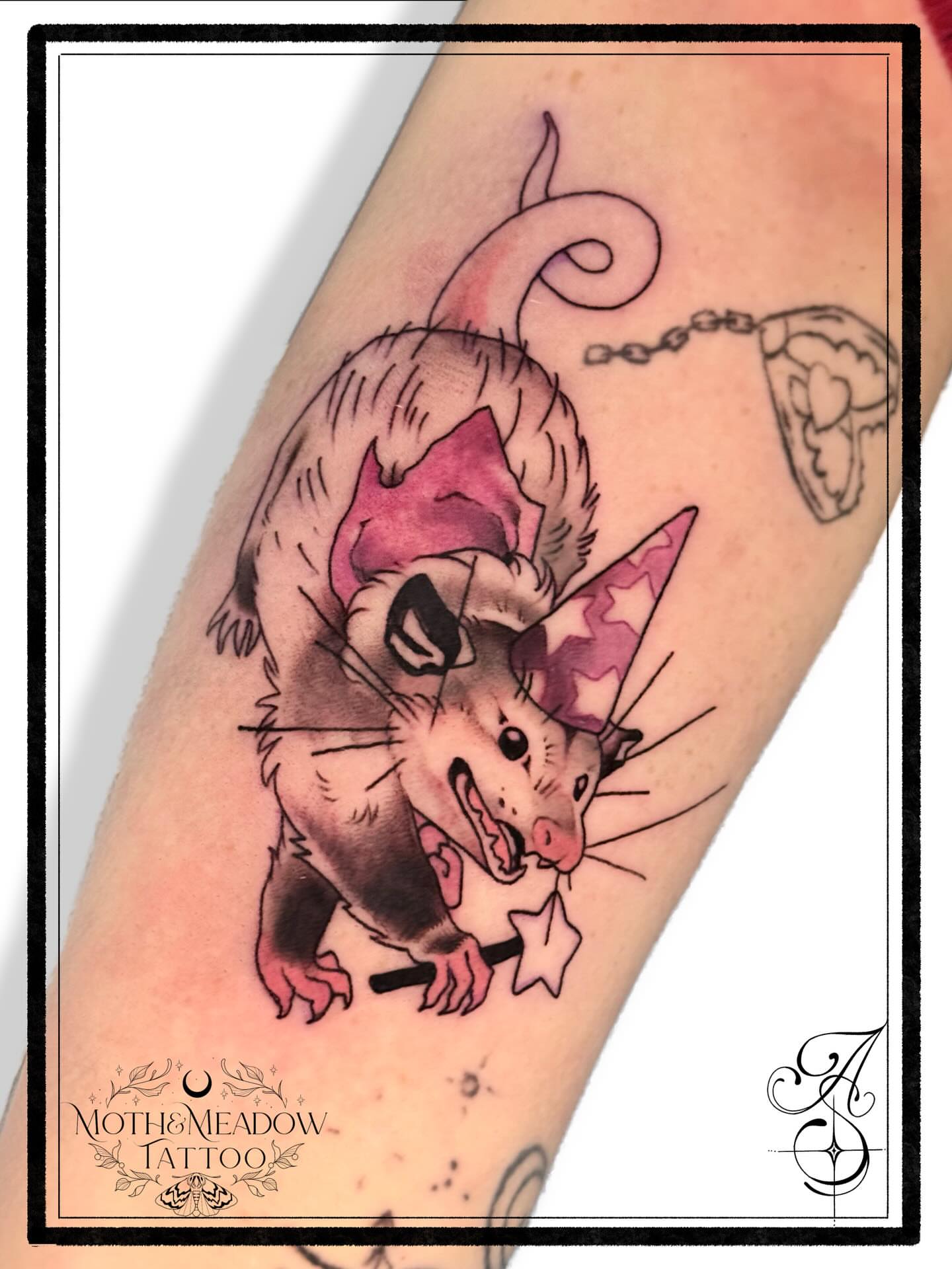 Possum with pentagram American traditional tattoo on the forearm by Ash Sansoucie