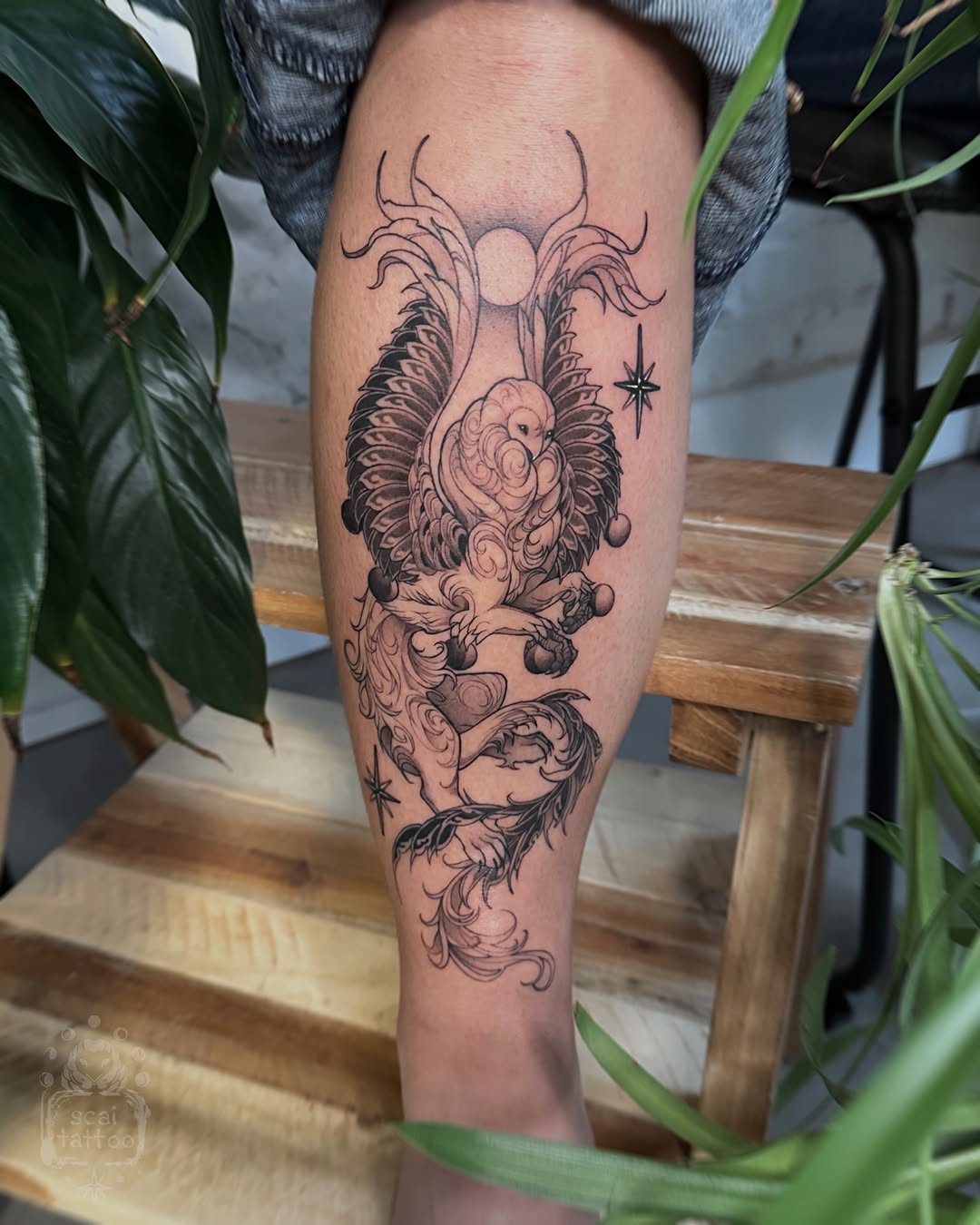 Winged creature with moon sketch tattoo on the thigh by scaitattoo