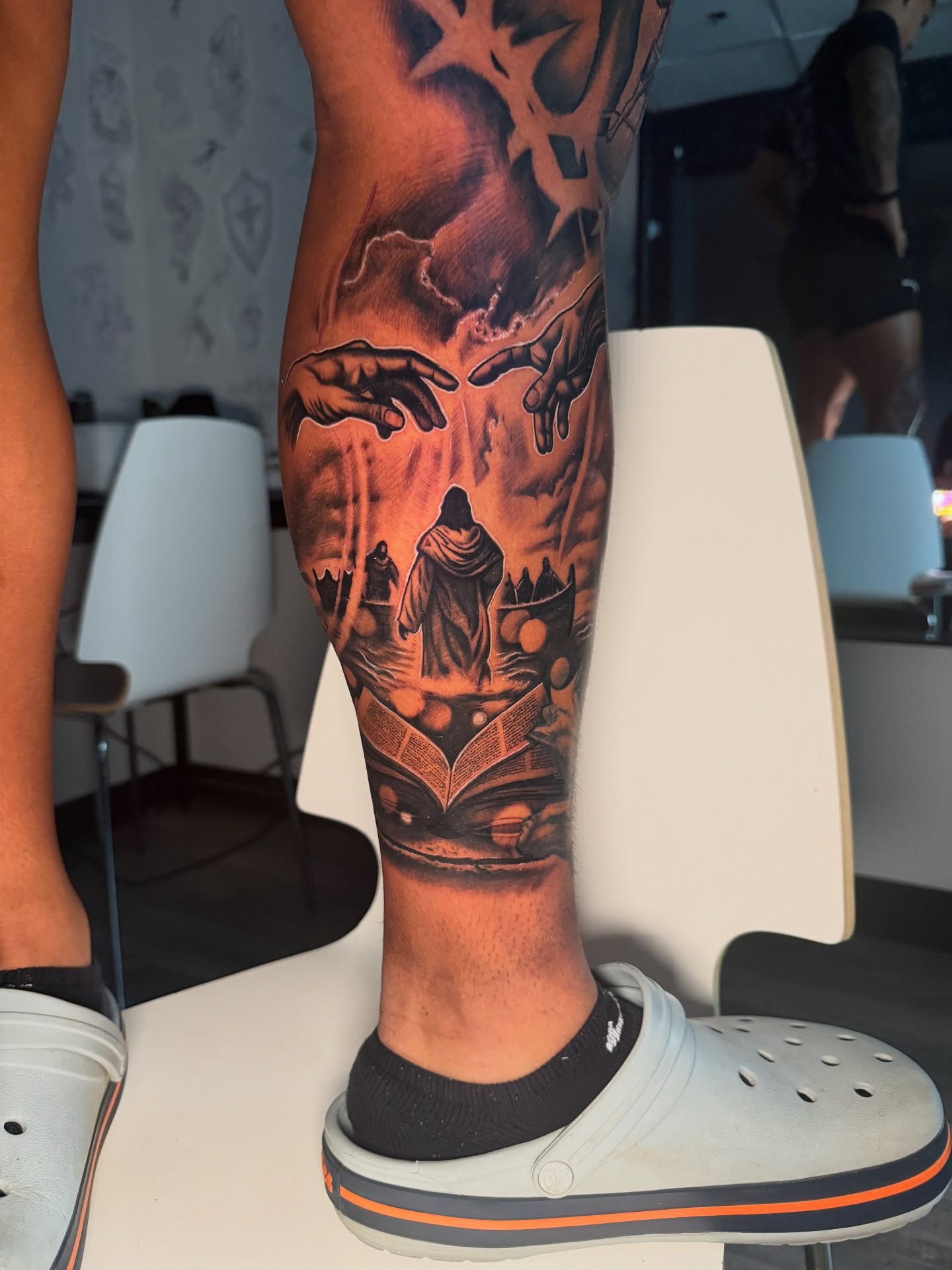 Mystical scene dark realism tattoo on the calf by Atlanta Tattoo Artist