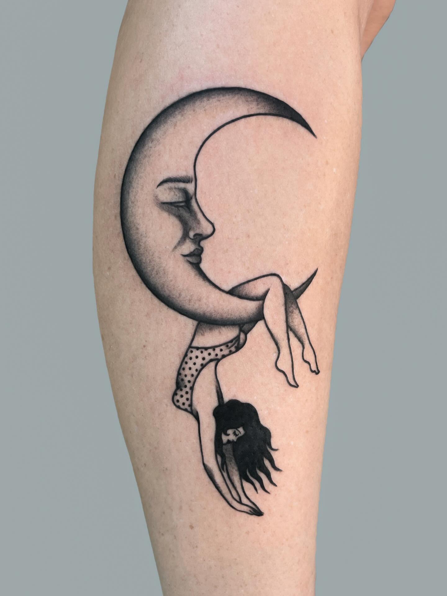 Moon and woman dotwork tattoo on the forearm by nina